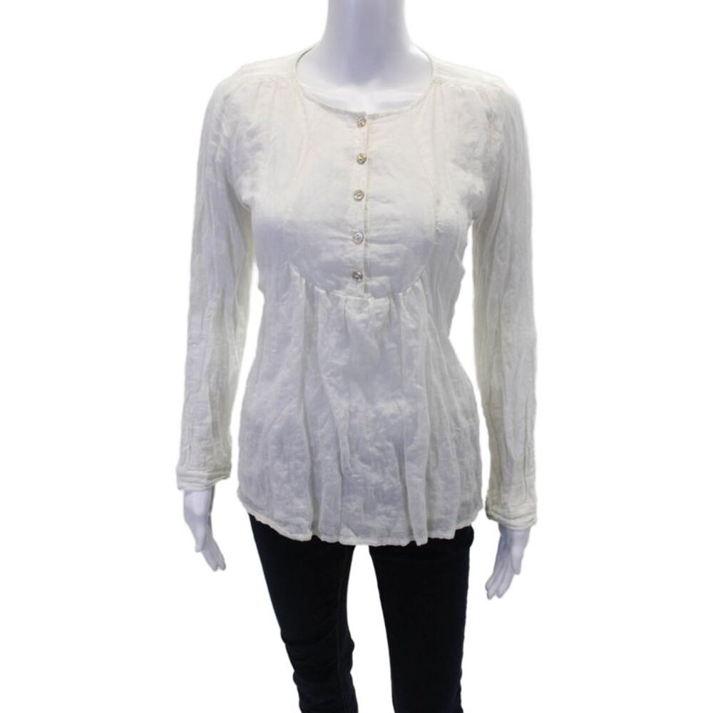 Graham & Spencer Womens Long Sleeve Half Button Crew Neck Top White Size Small